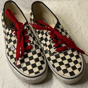 Vans Black and White Checkerboard Shoes with Red Laces